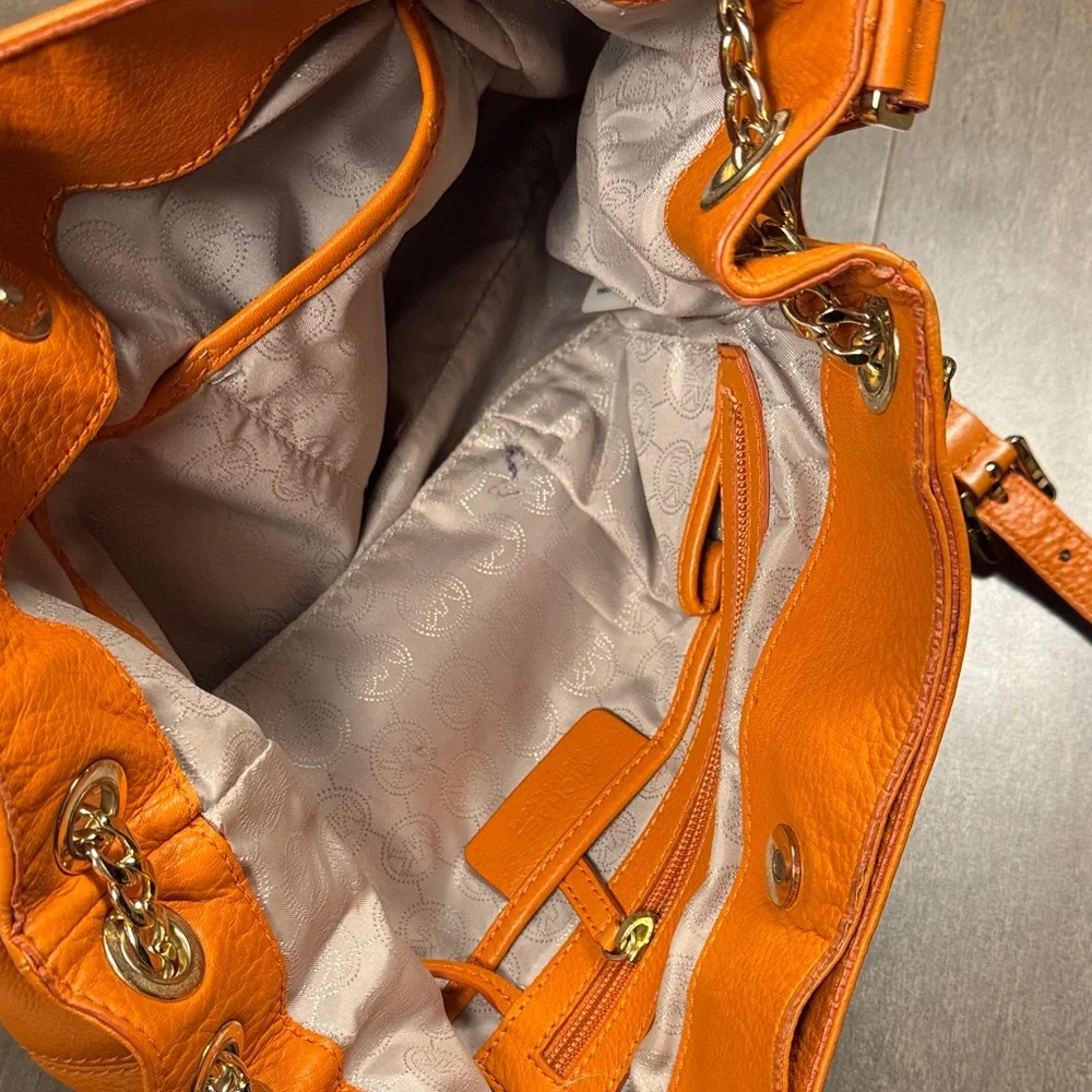 Michael Kors Orange Pebbled Leather Hobo Shoulder Bag Gold MK